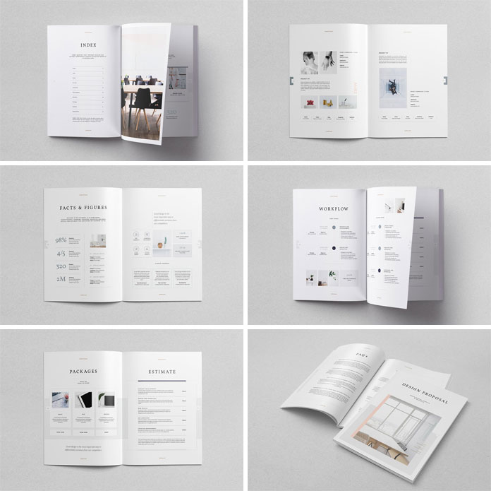 Brochure and design proposal templates for creative professionals.