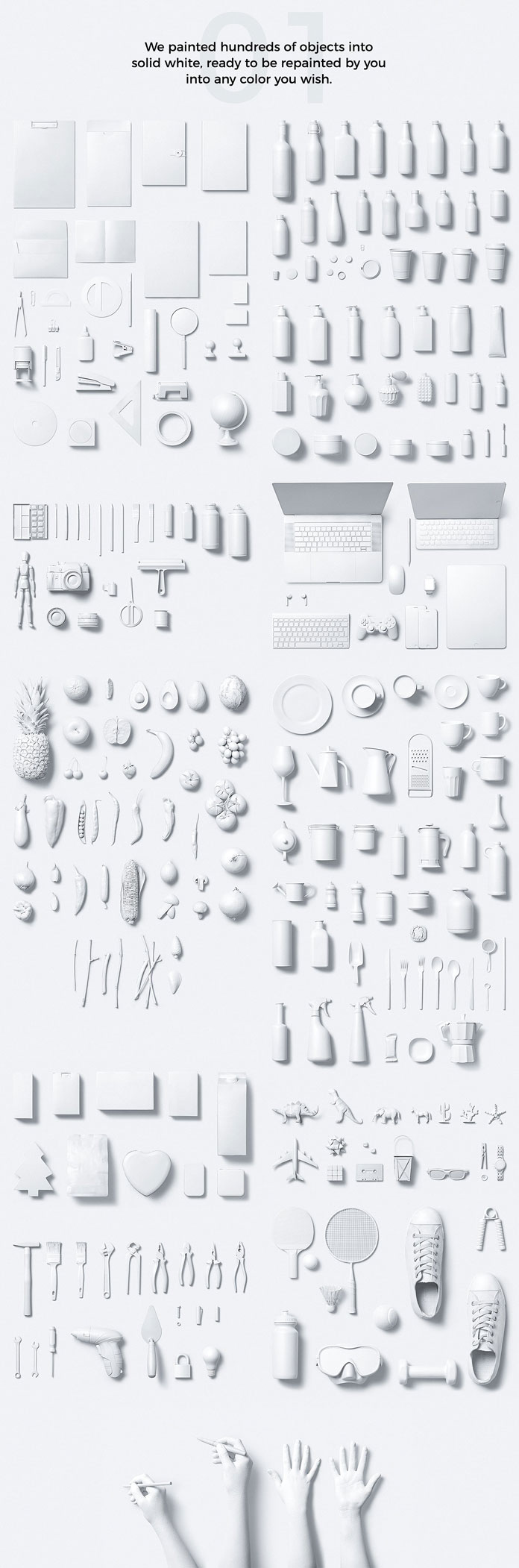 Hundreds of objects painted into solid white.