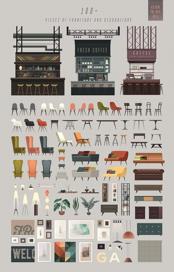 Over 100 furniture and decoration objects.