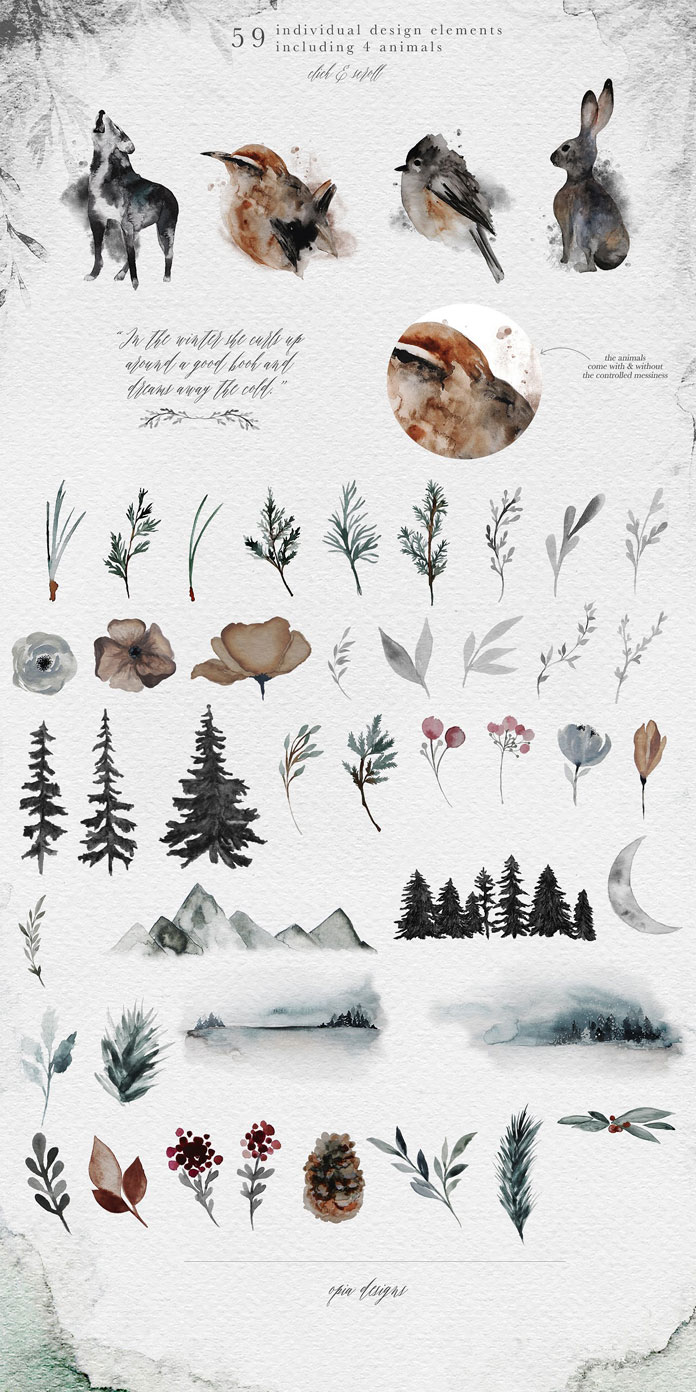 59 individual design elements including 4 animals and lots of winter themed templates.