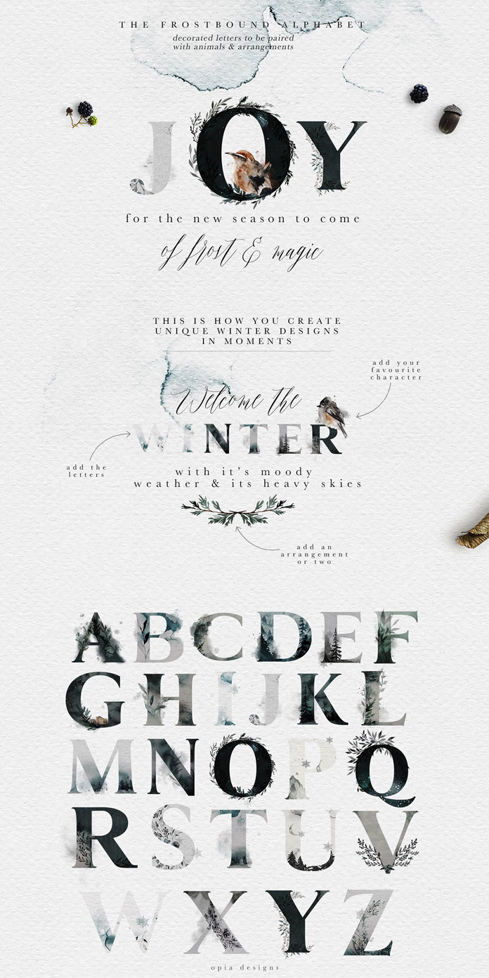 The decorative letters can be paired with the animal illustrations ans all other arrangements.