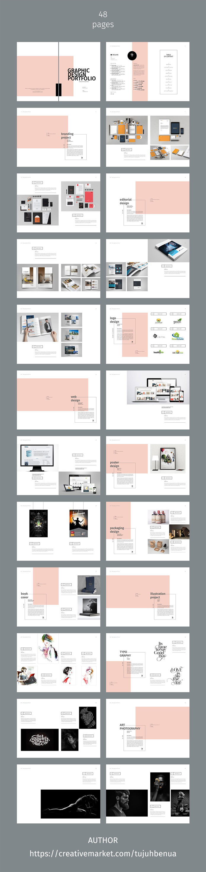 Graphic design portfolio template with 48 pages.