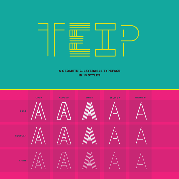 Teip, a geometric layerable typeface system in 15 styles by Alex Jacque.