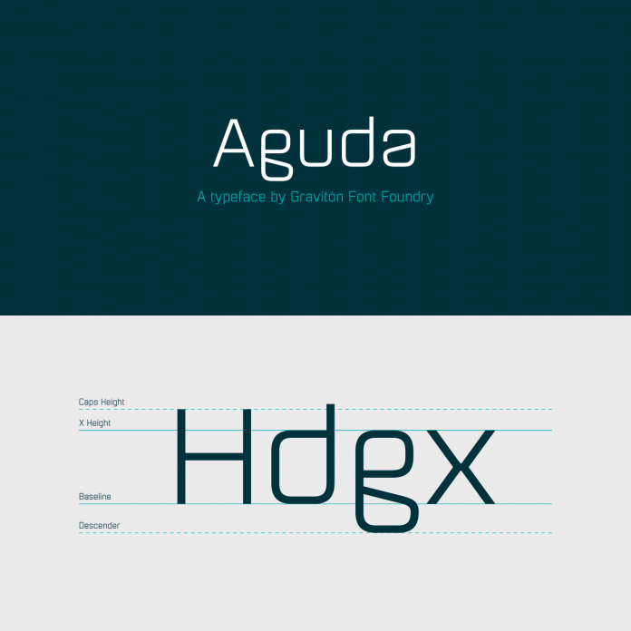 Aguda font family, a modular, geometric typeface from foundry Graviton.