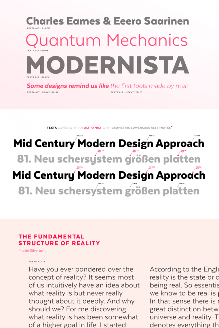 Texta, a modern text font family created by Daniel Hernández and Miguel Hernández.
