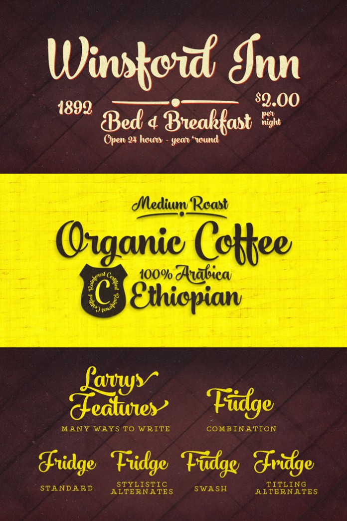 The Larry script font with a nice vintage look and different typographic options.
