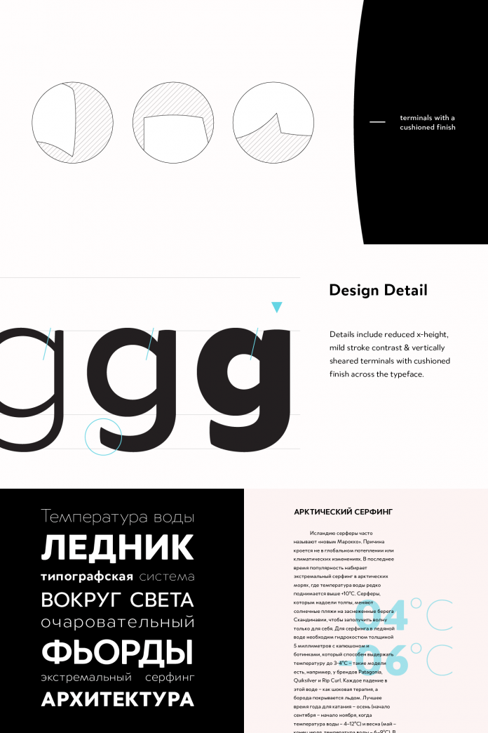 Design details of the Merel typeface, a font family from The Northern Block Ltd.