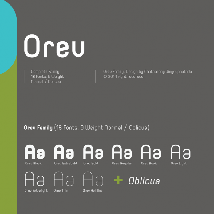 The Orev font family with 18 fonts, 9 weights, normal and oblique.