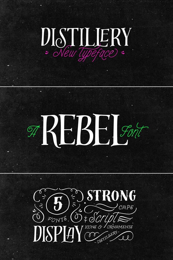 The Distillery fonts from foundry Sudtipos are a collection of 5 fonts: Display, Strong, Script, Caps, and Icons.