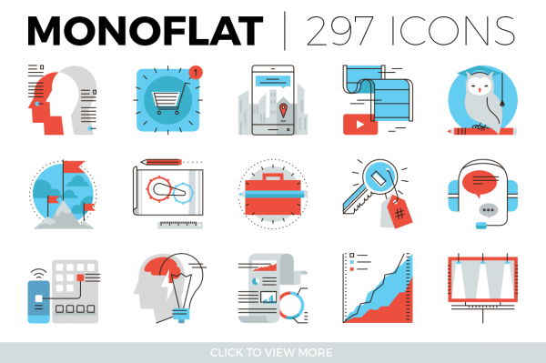 The Monoflat Icons Collection is based on current design trends using both flat graphics and thin lines.