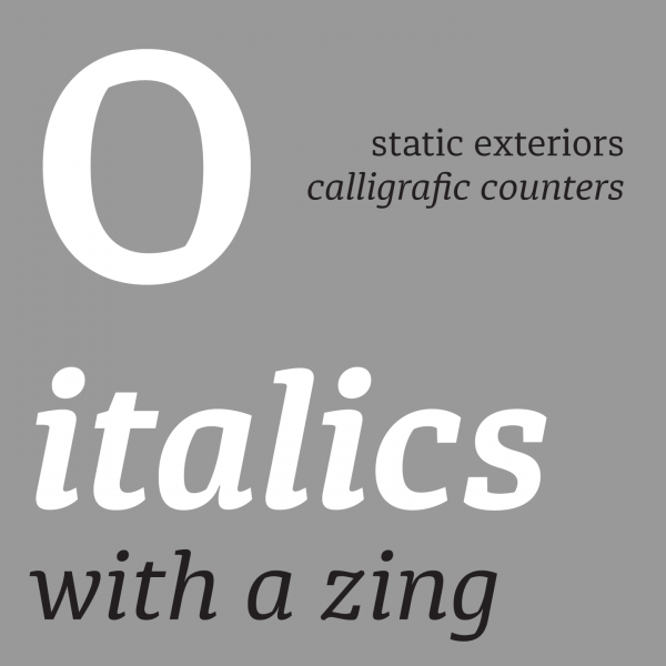 The font family is characterized by static exteriors and calligraphic counters.