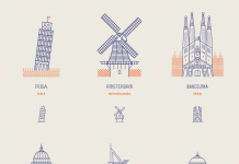 A set of 12 line icons of world landmarks created by Makers Company.