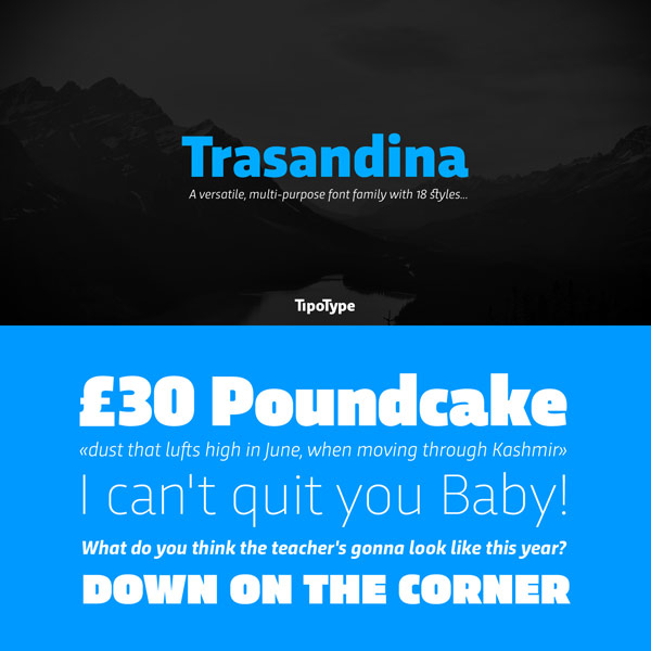 Trasandina is a versatile, multi-purpose font family with 18 styles.