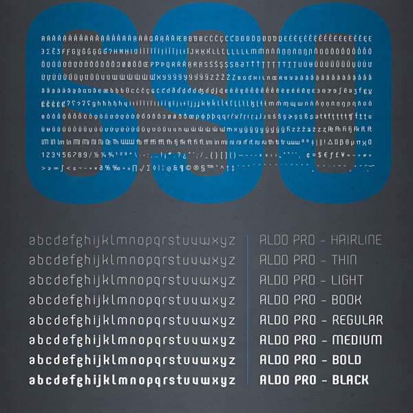 Aldo Pro is a display font family that comes in 8 weights.