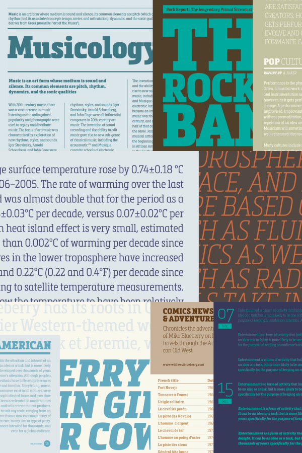 Some text samples of this condensed slab serif typeface by French type designer, Olivier Gourvat.