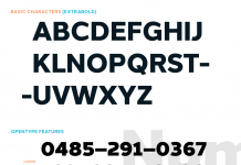Halcom – examples of basic characters (Extra Bold) and some OpenType features.