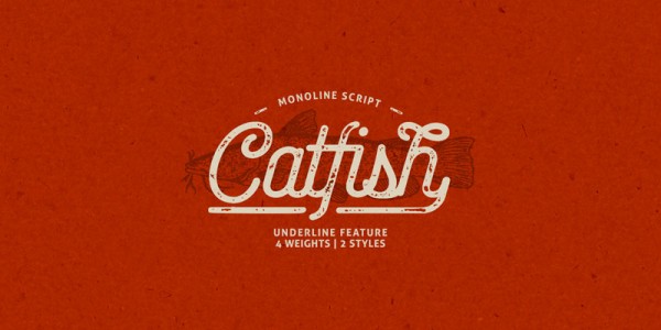 The Catfish font family, a monoline script typeface with a classic vintage touch.