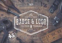 Vintage worn badge and logo vector toolkit with illustrations, frames, brushes, templates, textures, and sunbursts.