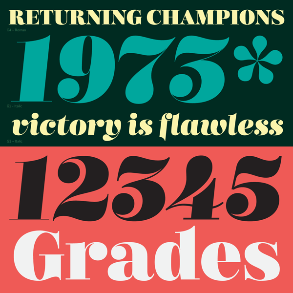 The Mastadoni font has a high vertical contrast in  Didone style.