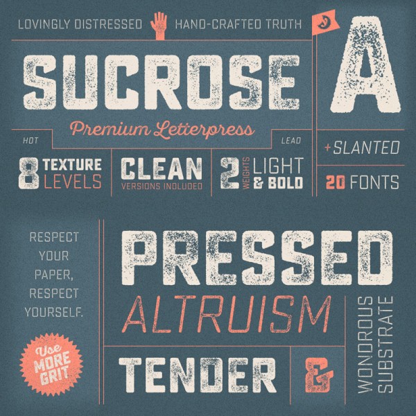 Sucrose, a new distressed font family designed by Ryan Martinson of the Yellow Design Studio.