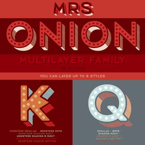 Mrs Onion, a multilayer type family with 38 uppercase fonts.
