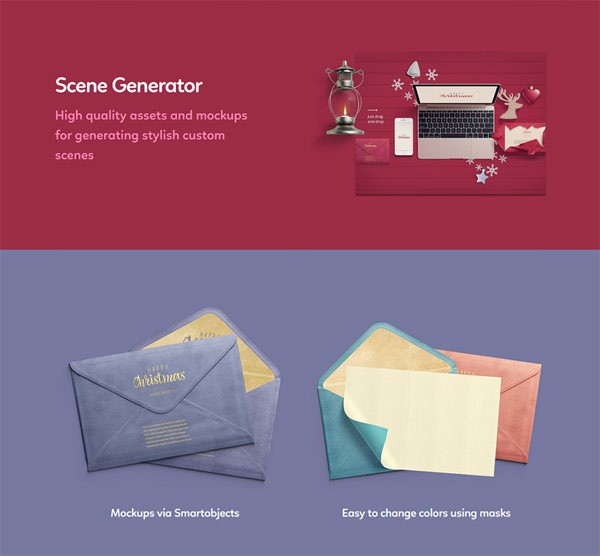 Christmas Scene Generator: High quality assets and mockups for generating stylish custom scenes. All mockups are based on Smartobjects. It's easy to change colors using masks.
