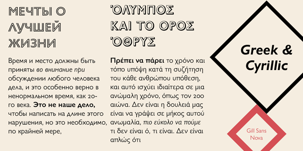 Support for multiple languages including Greek and Cyrillic characters.