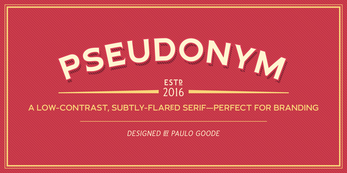 Paulo Goode's Pseudonym font family is a low-contrast, subtly-flared serif.
