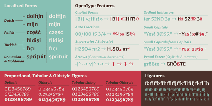 The Conglomerate font family is equipped with numerous useful OpenType features.
