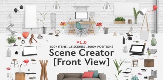 The Interior scene creator: front view edition to design a desk scene or a living room.