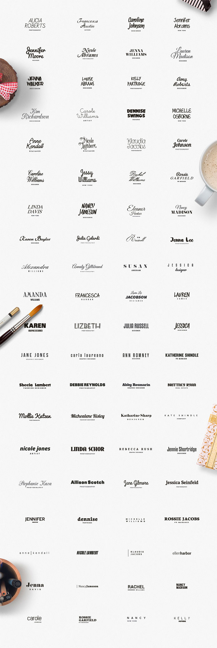 Also included is a set of typography logos and stylish premade logotypes.