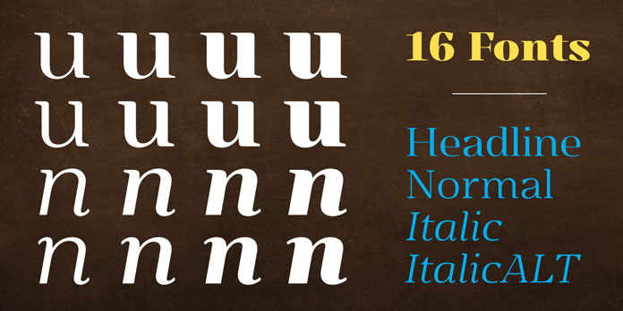 The Ounce family consists of 16 fonts, which can be used for both headlines and text.