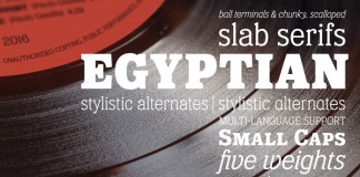 Eponymous, an Egyptian-style typeface with chunky, scalloped serifs.
