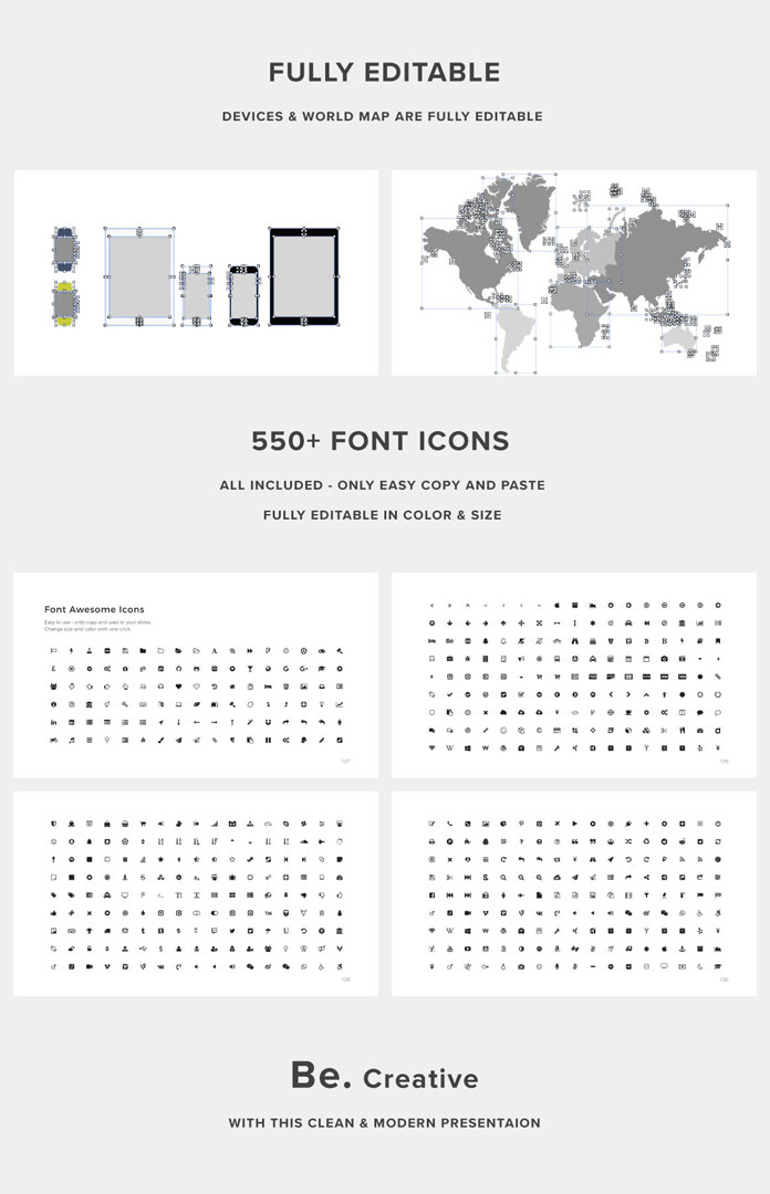 Over 550 fully editable Font Awesome icons.