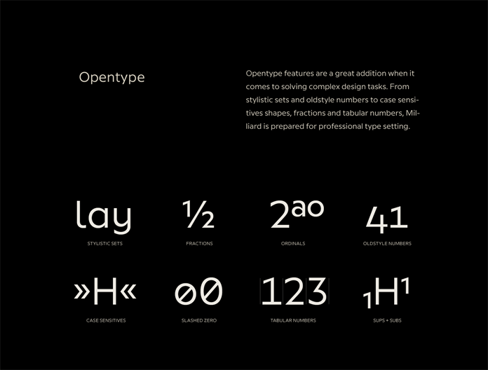 Milliard fonts - OpenType features.