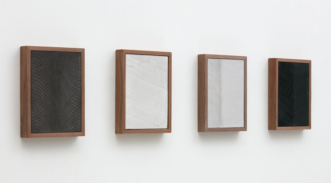 Anthony Pearson, Untitled (Four Part Etched Plaster), 2015, pigmented hydrocal and medium coated pigmented hydrocal in walnut frames.