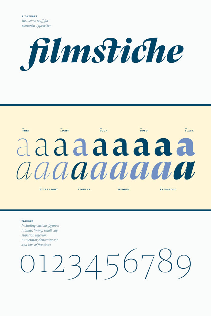 Numerous weights and typographic features.