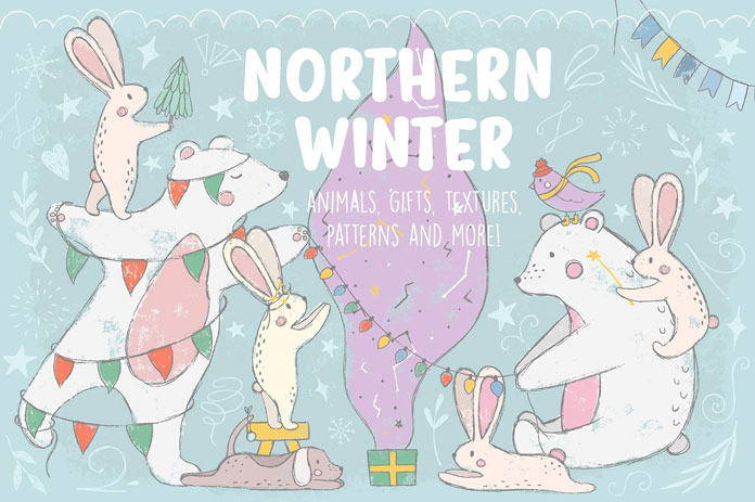 Northern Winter – lovely doodles of animals, gifts, textures, patterns.