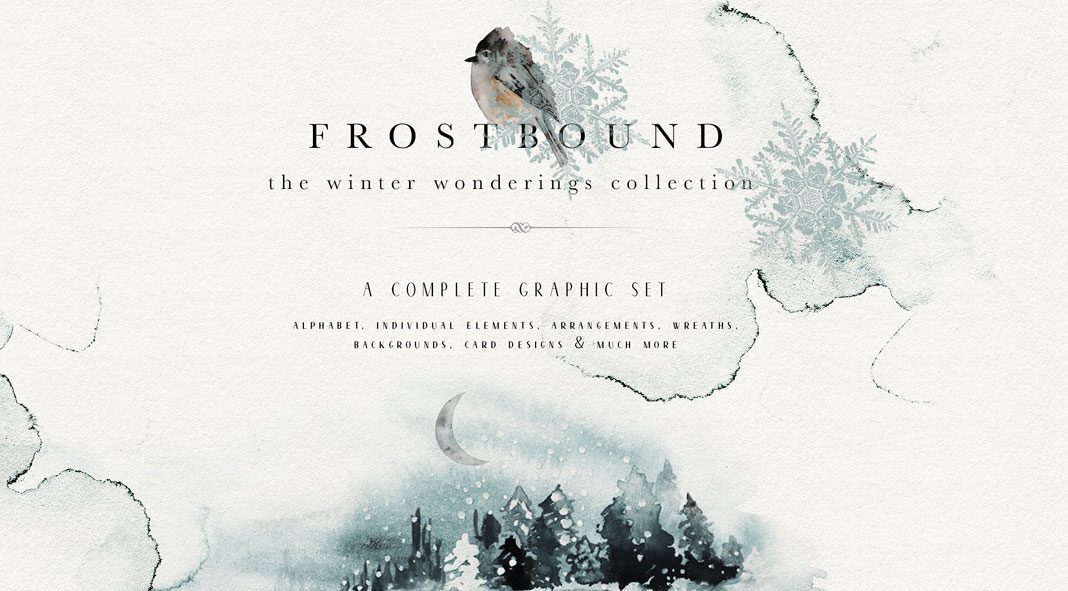 Frostbound, a magical winter collection of watercolor graphics by Isabelle Salem of Opia Designs.