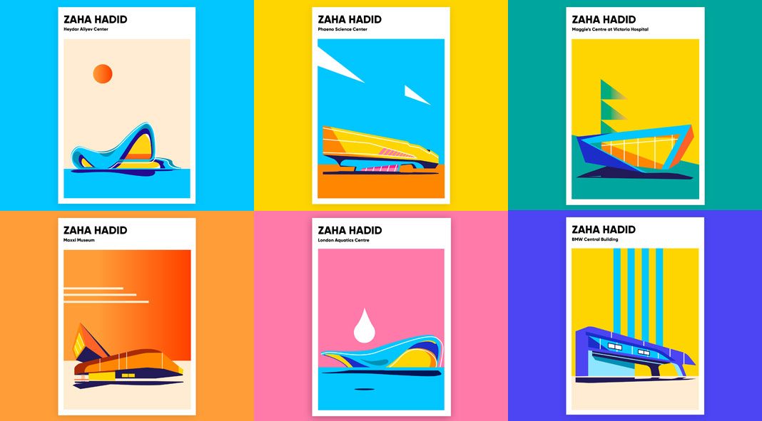Zaha Hadid poster illustrations by Anastasia Bakusheva.