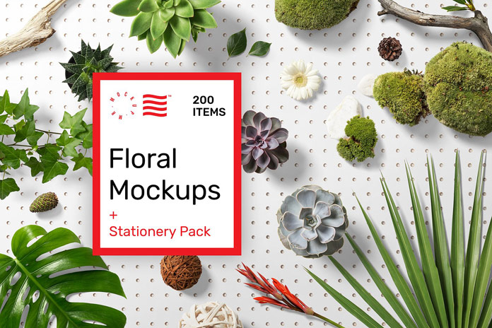 Floral mockups plus stationery pack with 200 items in total.