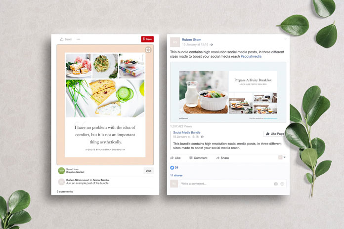 Pinterest and Facebook posts side by side.