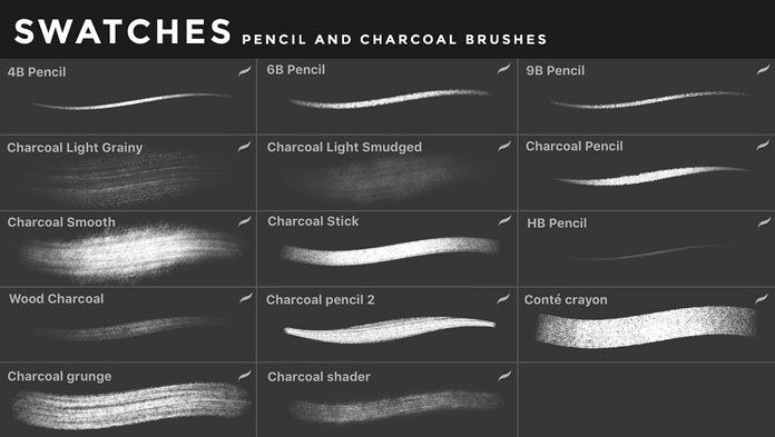 Pencil and charcoal brushes for iOS app Procreate for iPad.