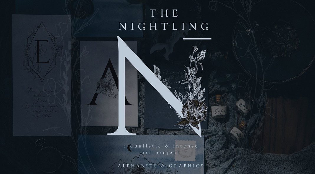 The Nightling - botanical line art and elegant letters designed by OpiaDesigns.