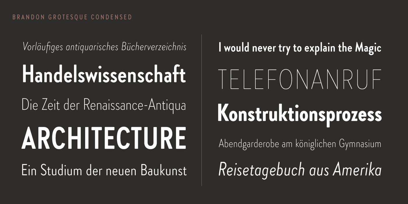 Brandon Grotesque Condensed font family by Hannes von Döhren from HVD Fonts.