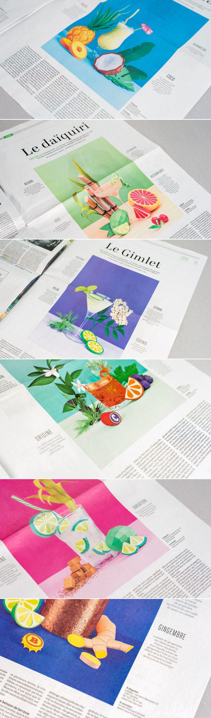8 editorial paper art illustrations created by Get it Studio for Swiss newspaper “Le Temps” about summer cocktails.