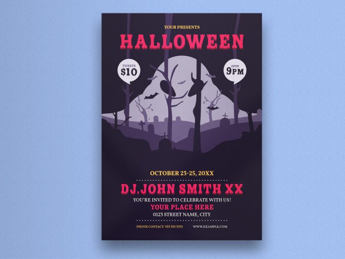 Halloween Party Flyer Layout with Ghost Forest Illustration from Eightonesix