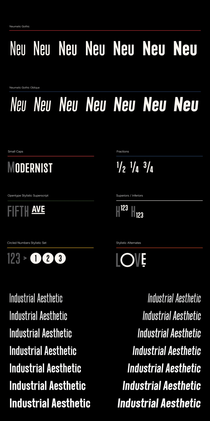Neumatic Gothic font family by Andrew Footit of foundry Arkitype.
