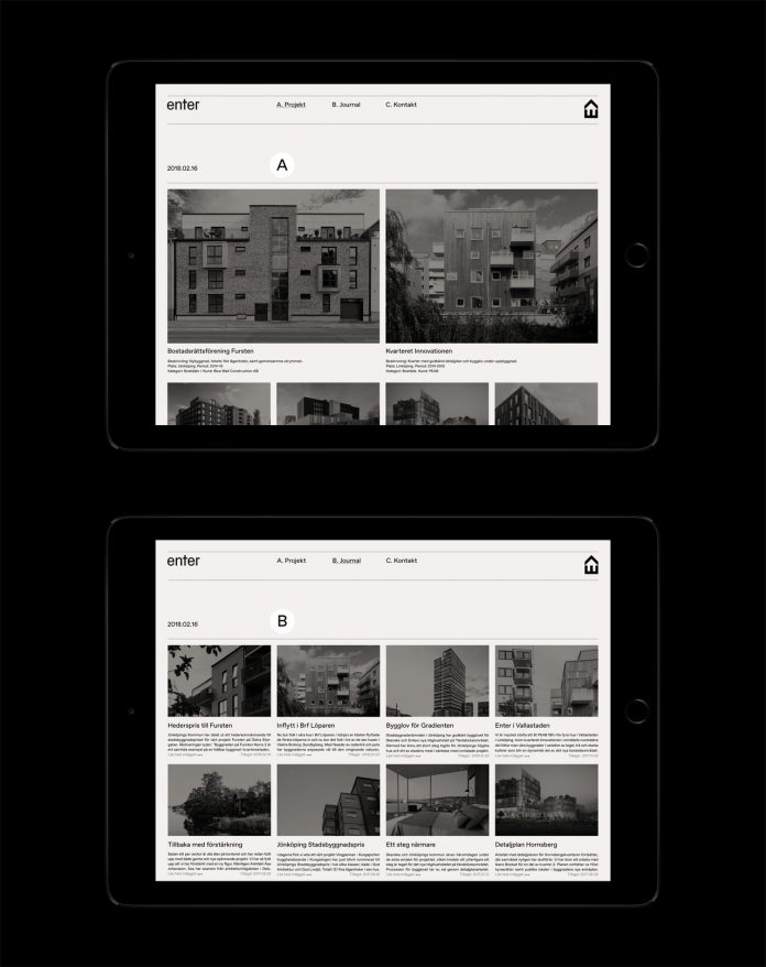 Graphic design, branding, and web design by Lundgren + Lindqvist for Enter Arkitektur, a Swedish architectural practice.