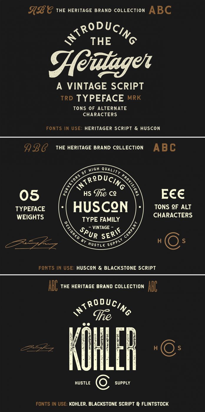 The Heritage Brand Collection — 60+ font files and 25 vintage logo templates from Hustle Supply Co.